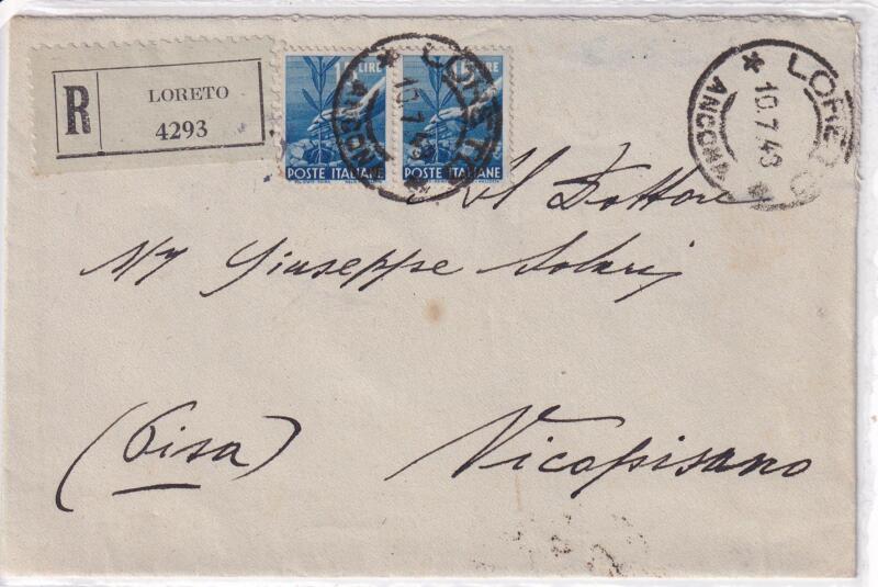 Storia postale. Raccomandata da Loreto R 4293 10/07/1943 a Vicopisano (Pisa) 12/07/1948