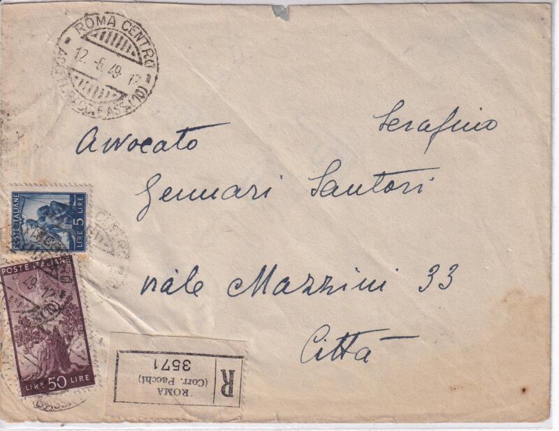 Storia postale. Raccomandata da Roma R 3571 12/05/1949 a Città 13/05/1949