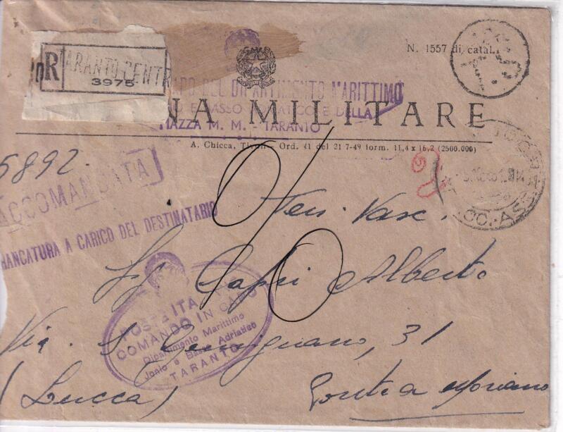 Storia postale. Raccomandata da Taranto R 3975 05/10/1951 a Ponte a Moriano (Lucca) 08/10/1951