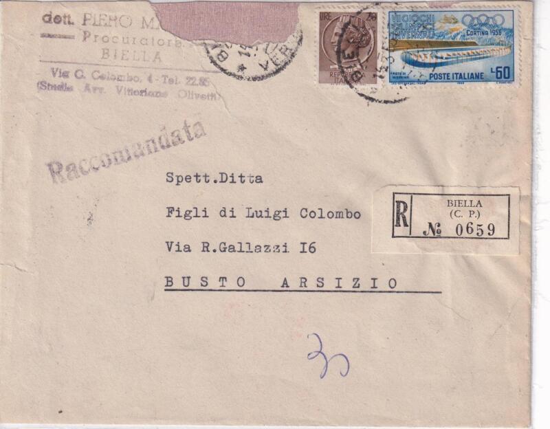 Storia postale. Raccomandata da Biella R 0569 15/03/1956 a Busto Arsizio 15/03/1956
