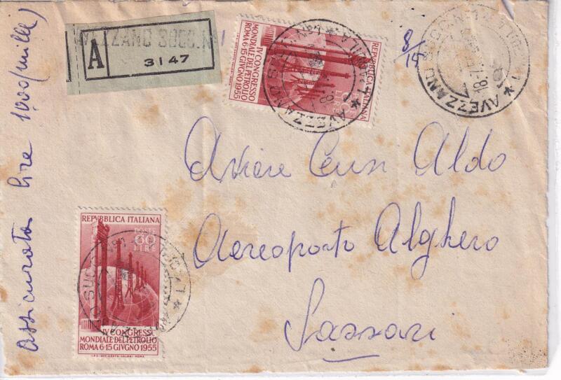Storia postale. Raccomandata da Avezzano R A 3147 18/07/1955 a Aeroporto di Alghero (Sassari) 08/10/1951