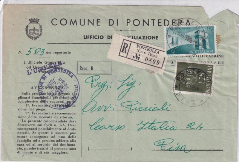 Storia postale. Atti giudiziari. Raccomandata da Pontedera R 0809 28/09/1959 a Pisa 28/09/1959