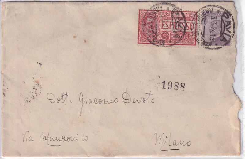 Storia postale. Espresso da Pavia 1988 03/03/1924 a Milano 3/03/1924