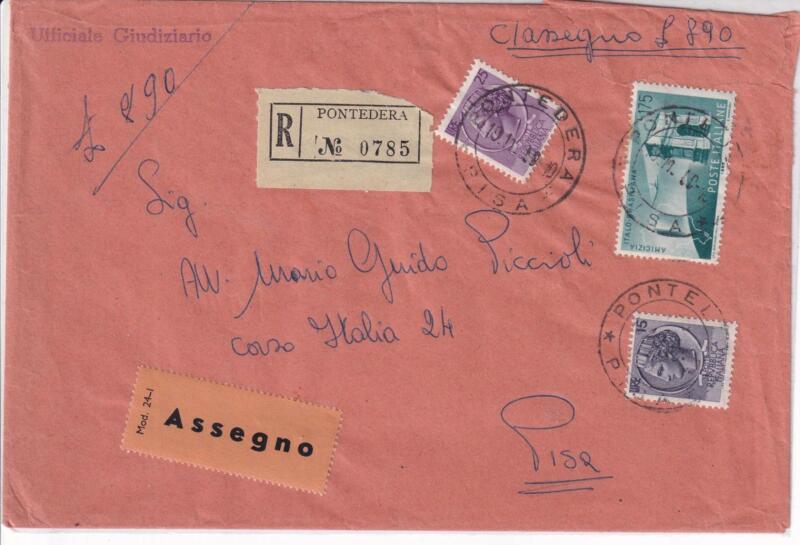 Storia postale. Raccomandata Assegno da Pontedera R 0785 19/11/1960 a Pisa 28/09/1959