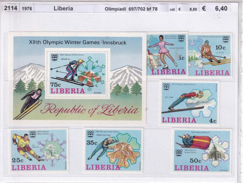 Francobolli e Foglietto Liberia, Anno 1976, Giochi Olimpici Invernali di Innsbruck (cat. n. 697-702, BF n. 78)