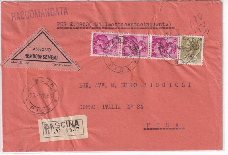 Storia postale. Raccomandata Assegno da Cascina R 1537 15/01/1966 a Pisa 8/06/1959
