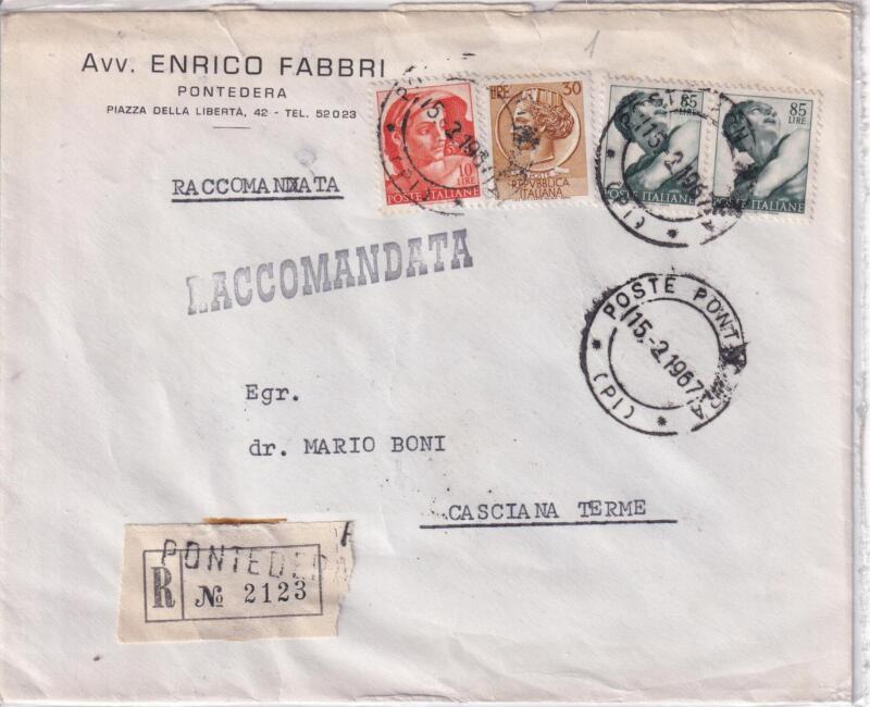 Storia postale. Raccomandata da Pontedera (Pisa) R 2123 15/02/1967 a Casciana Terme (Pisa) 8/06/1959