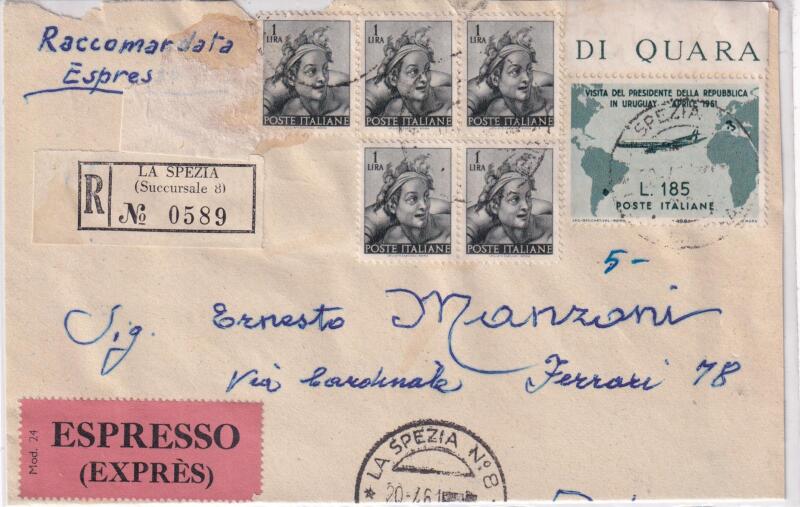 Storia postale. Raccomandata Espresso da La Spezia R 0589 20/04/1961 a Casciana Terme (Pisa) 21/04/1961
