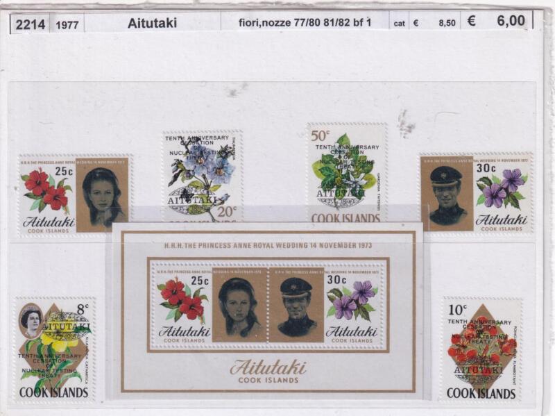 Francobolli e Foglietti Aitutaki Cook Islands, Serie Fiori e Serie Nozze Reali (cat. n. 77-80, n. 81-82, BF n. 1)