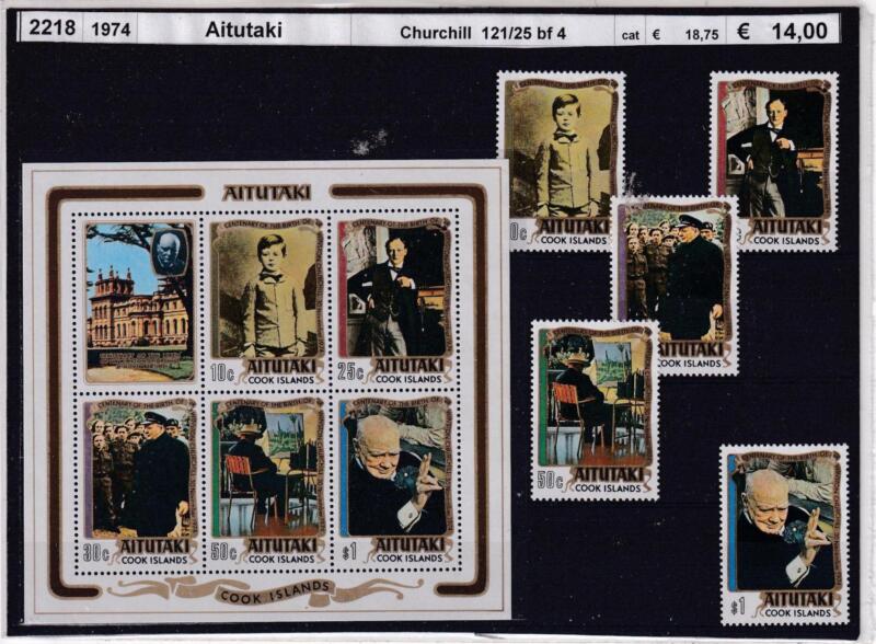 Francobolli e Foglietti Aitutaki Cook Islands, Anno 1974, Churchill (cat. n. 121-125, BF n. 4)