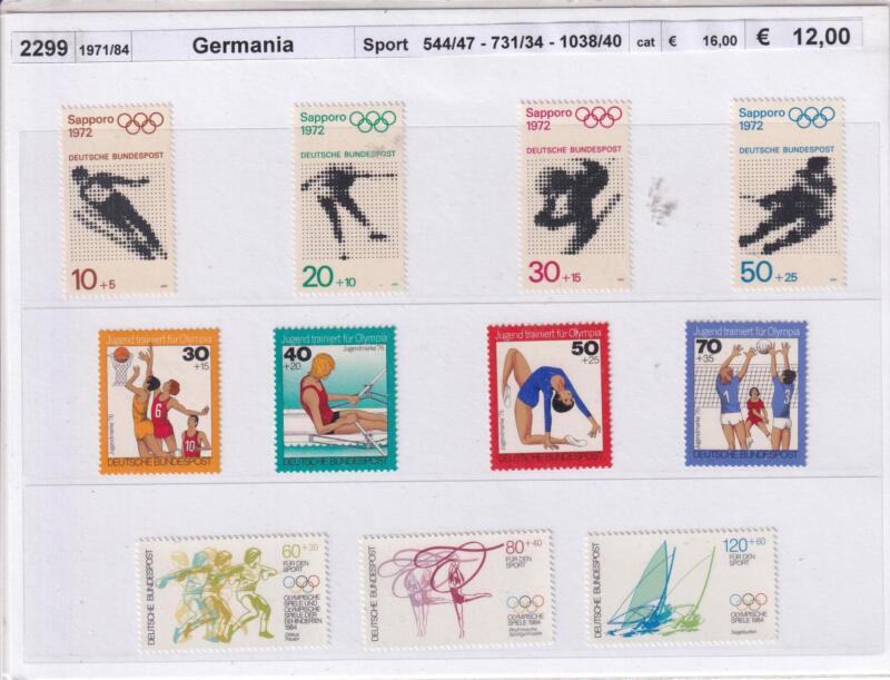Francobolli Germania, Anni 1971-1984, Varie emissioni Tematica Sport (cat. n. 544-547, n.  731-734, n. 1038-1040)