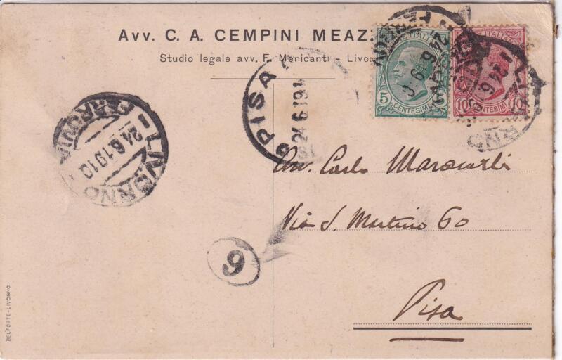 Storia postale. Cartolina da Livorno 24/06/1910 a Pisa