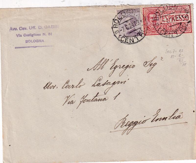 Storia postale. Espresso da Bologna 07/06/1924 a Reggio Emilia 08/06/1924