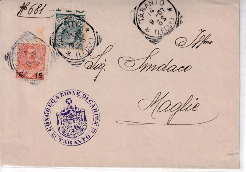 Storia postale. Lettera da Taranto 14/09/1907 a Maglie