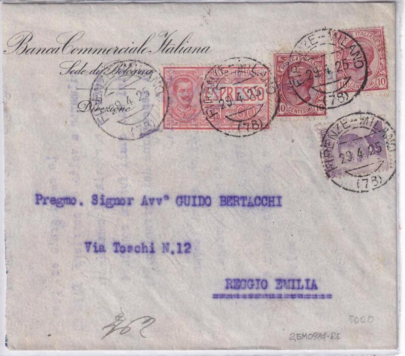 Storia postale. Da Bologna Espresso Ambulante Firenze Milano 78 del 29/04/1925 a Reggio Emilia 29/4/1925