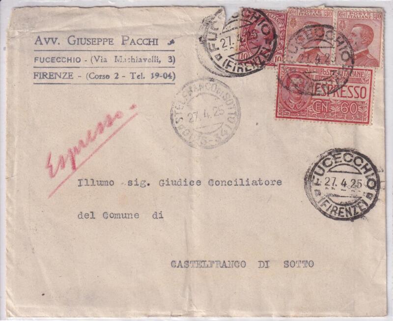 Storia postale. Espresso da Fucecchio 27/04/1925 a Castelfranco di Sotto 27/04/1925