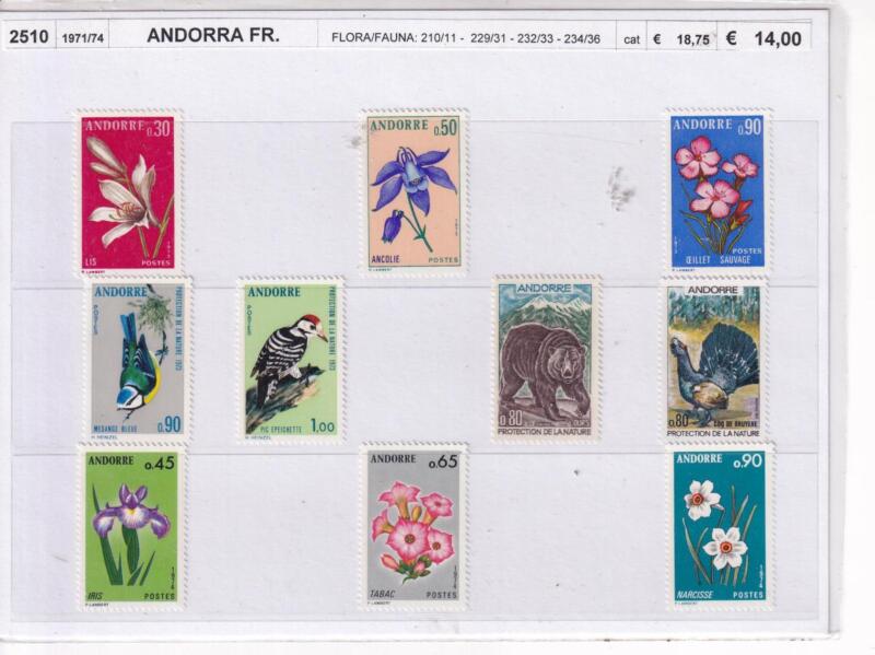 Francobolli Andorra Francese, Anni 1971, 1973, 1974, Protezione della natura anni 1971, 1973, Fiori anni 1973, 1974 (cat n. 210-211, n. 229-231, n. 232-233, n. 234-236)