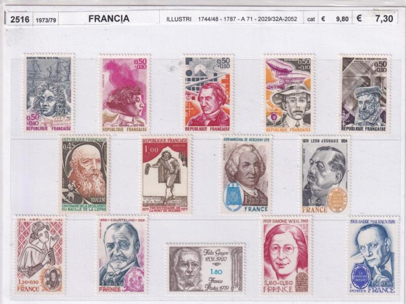 Francobolli Francia, Anni 1973, 1979, Serie Personaggi Illustri (cat. n. 1744-1748, n. 1787, Pa n. 71, Pa. n. 2029-2032, n. 2052)