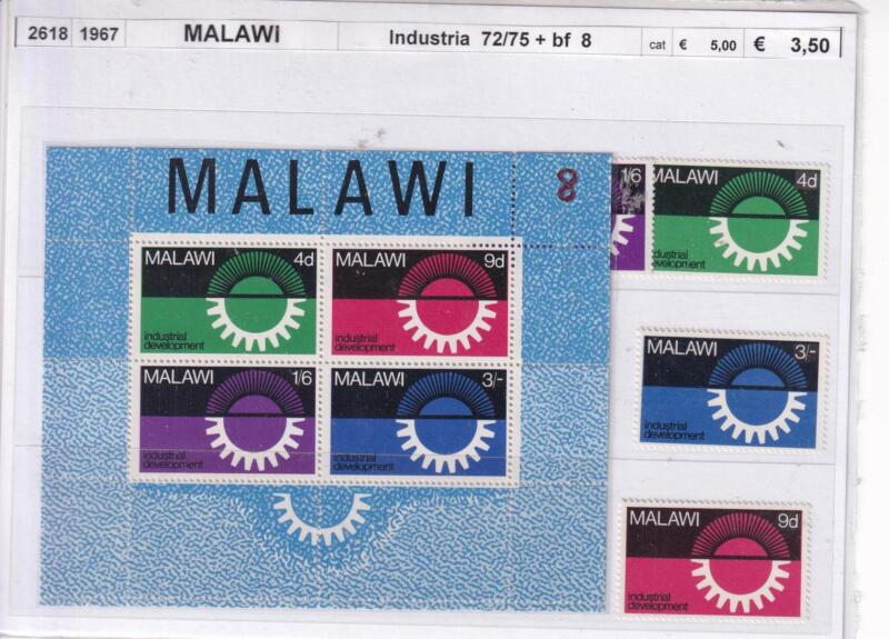 Francobolli e Foglietto Malawi, Anno 1967, Industria (cat. n. 27-75. BF n. 8)