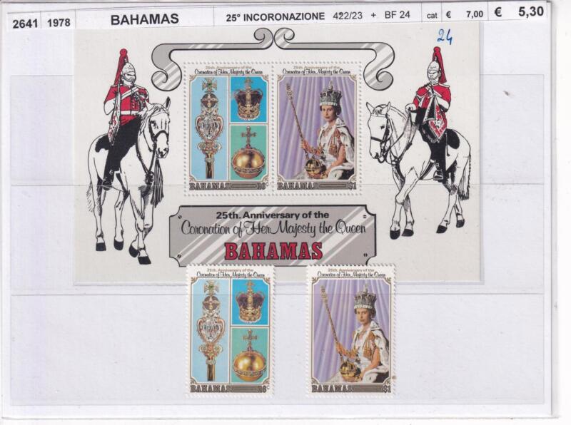 Francobolli e Foglietto Bahamas, 25esimo anniversario Incoronazione Regina Elisabetta (cat. n. 422-423, BF n. 24)
