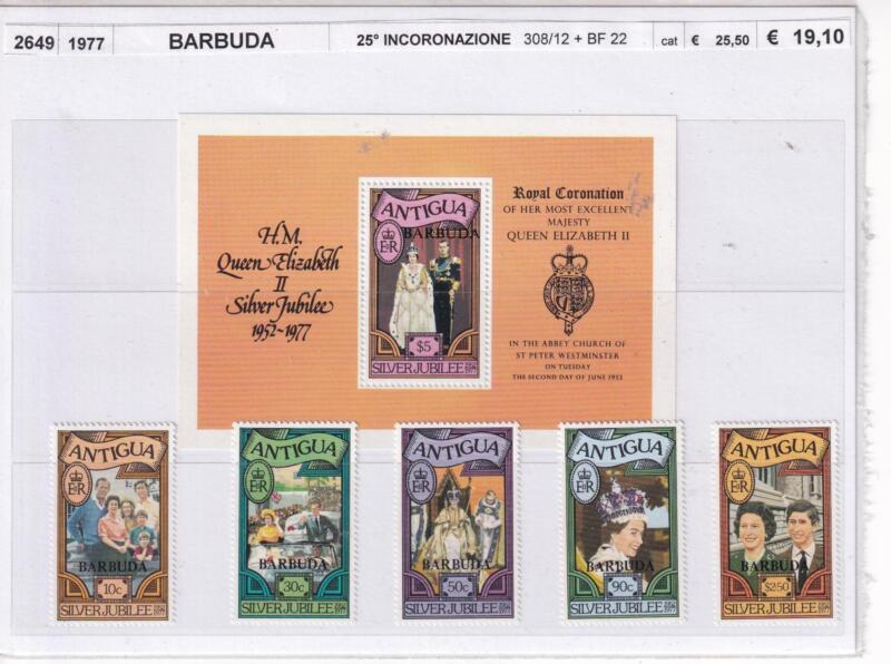 Francobolli e Foglietto Barbuda, Anno 1977, 25esimo anniversario Incoronazione Regina Elisabetta (cat. n. 308-312, BF n. 22)