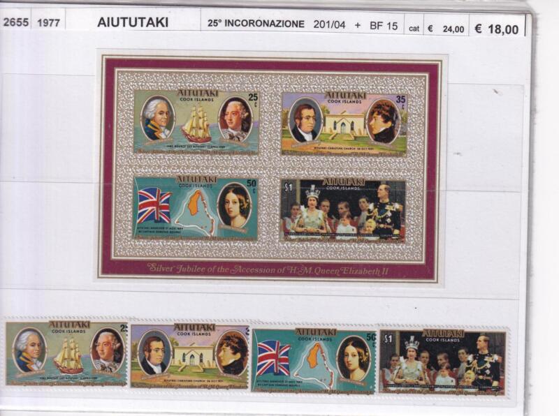 Francobolli e Foglietto Aitutaki, Anno 1977, 25esimo anniversario Incoronazione Regina Elisabetta (cat. n. 201-204, BF n. 15)