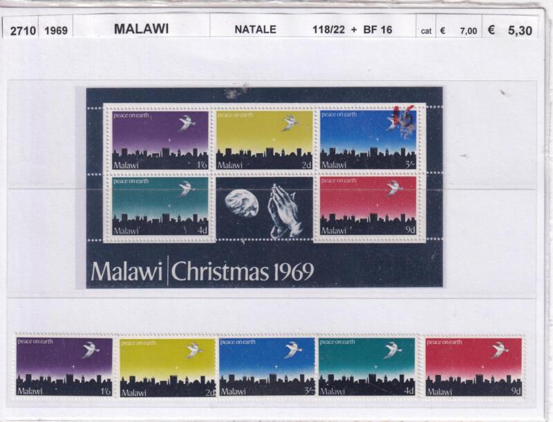 Francobolli e Foglietto Malawi, Anno 1969, Natale (cat. n. 118-122, BF n. 16)