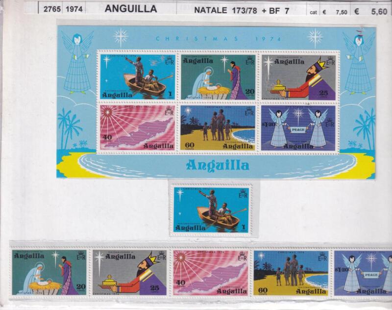 Francobolli e Foglietto Anguilla, Anno 1974, Natale (173-178, BF n. 7)