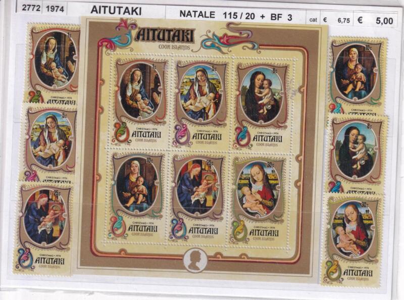 Francobolli e Foglietto Aitutaki, Anno 1974, Natale (cat. n. 115-120, BF n. 3)