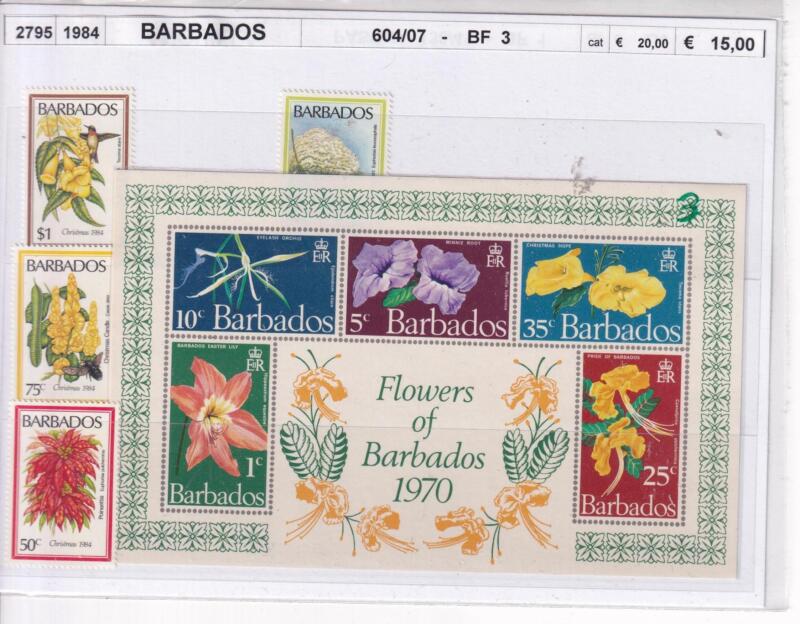 Francobolli e Foglietto Barbados, Fiori delle Barbados 1970, Natale 1984 (BF n. 3, cat. n. 604-607)