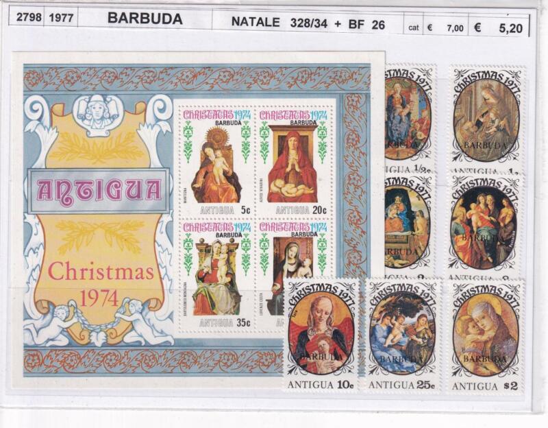 Francobolli e Foglietto Barbuda, Natale 1974, Natale 1977 (BF n. 26, cat. n. 328-334)