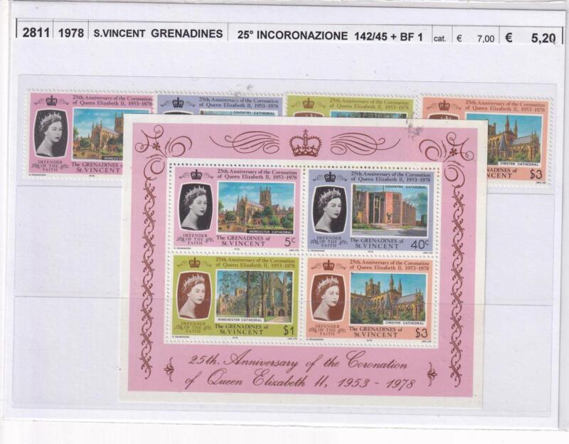 Francobolli e Foglietto St. Vincent e Grenadine, Anno 1978, 25esimo anniversario Incoronazione Regina Elisabetta (cat. n. 142-145, BF n. 1)