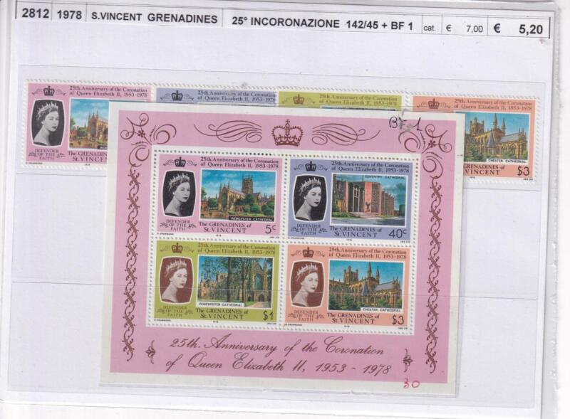 Francobolli e Foglietto St. Vincent e Grenadine, Anno 1978, 25esimo anniversario Incoronazione Regina Elisabetta (cat. n. 142-145, BF n. 1)