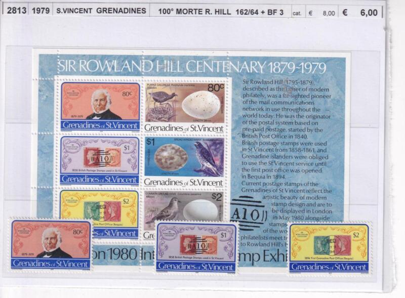 Francobolli e Foglietto St. Vincent e Grenadine, Anno 1979, 100esimo morte Sir R. Hill (cat. n. 162-164, BF n. 3)