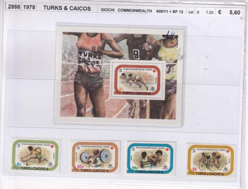 Francobolli e Foglietto Turks & Caicos, XI Giochi Commonwealth Canada (cat. n. 408-11, BF n. 12)