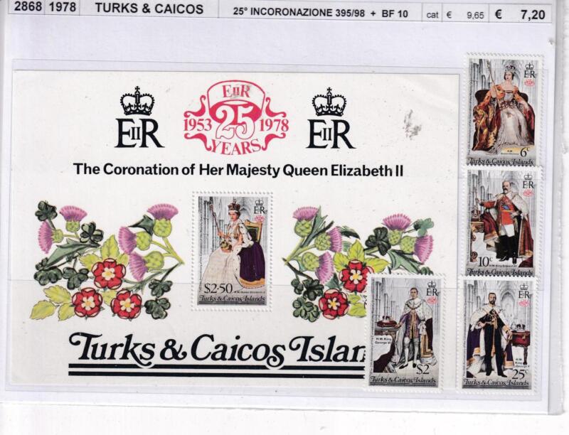 Francobolli e Foglietto Turks & Caicos, Anno 1978, 25esimo anniversario Incoronazione Regina Elisabetta (cat. n. 395-398, BF n. 10)