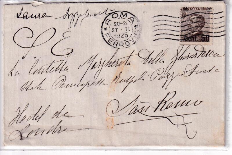Storia postale. Lettera da Roma 27/02/1925 a San Remo 28/02/25