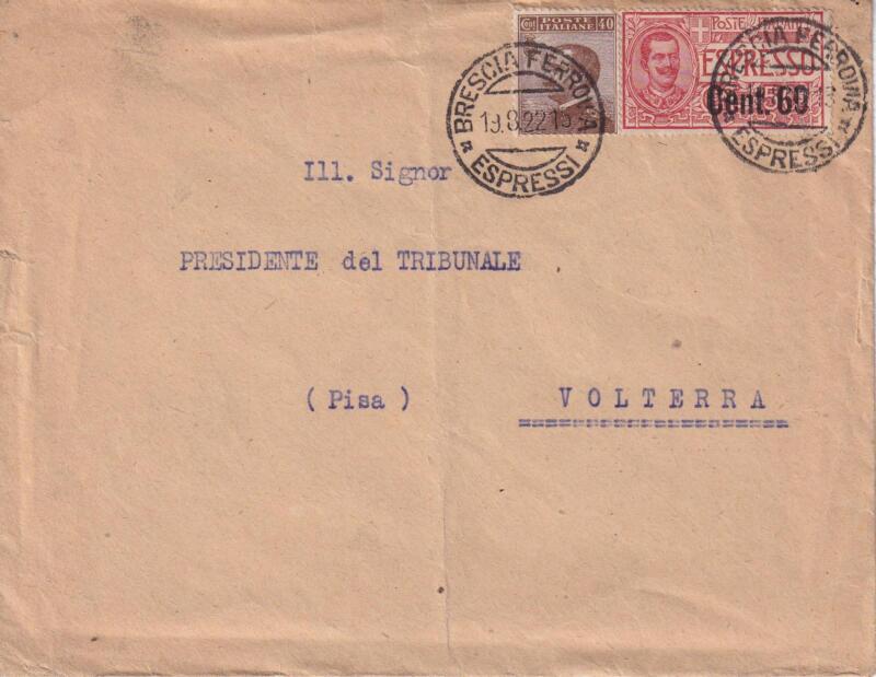 Storia postale, Espresso da Brescia Ferrovia del 19/08/1922 a Volterra 21/08/1922 ESPRESSO