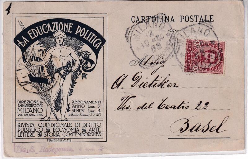 Storia postale. Cartolina postale da Milano 10/10/1900 a Basilea Svizzera