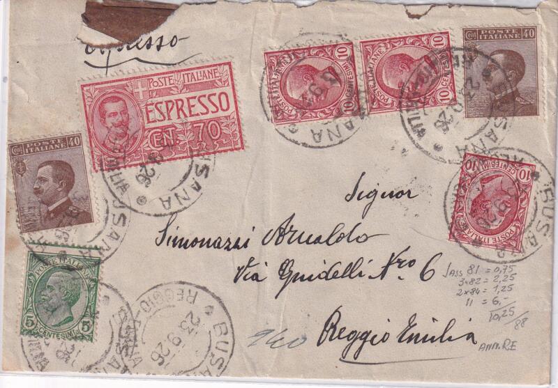 Storia postale. Espresso da Busana 23/09/1926 a Reggio Emilia 23/09/1926