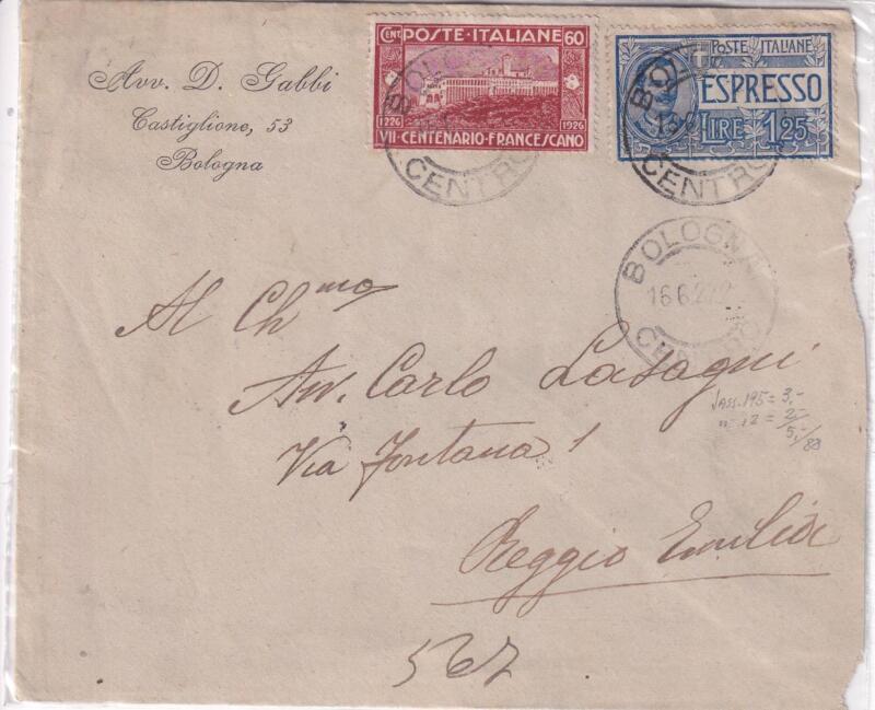 Storia postale. Raccomandata Espresso da Bologna 16/06/1927 a Reggio Emilia 17/06/1927