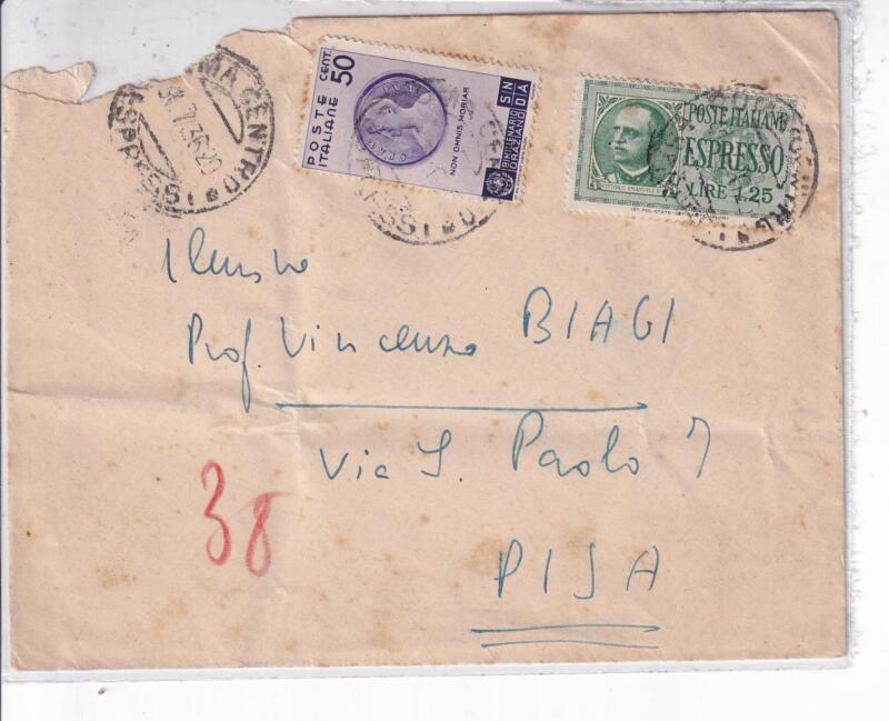 Storia postale. Raccomandata Espresso da Roma 31/07/1936 a Pisa 01/08/1936