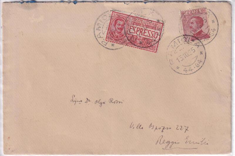 Storia postale. Espresso da Ramiola 13/10/1925 a Reggio Emilia 13/10/1925