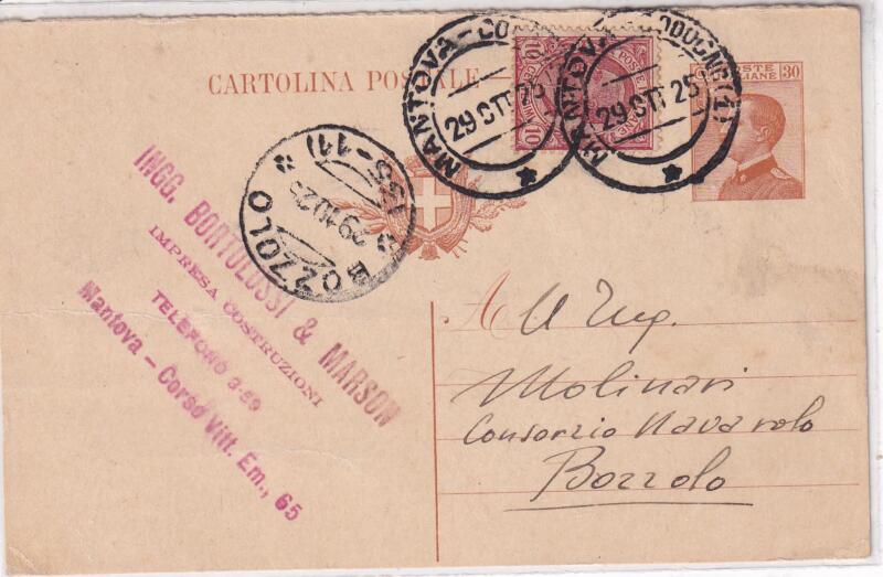 Storia postale. Cartolina postale da Mantova 29/10/1925 a Bozzolo 29/10/1925