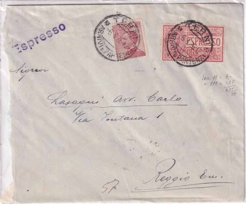 Storia postale. Espresso da Terni 06/04/1926 a Reggio Emilia 07/04/1926
