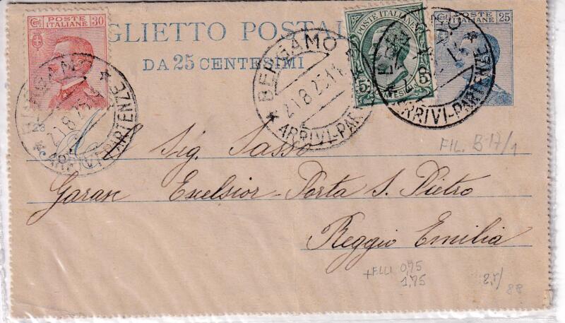 Storia postale. Biglietto postale da Bergamo 29/08/1925 a Reggio Emilia 30/08/1925