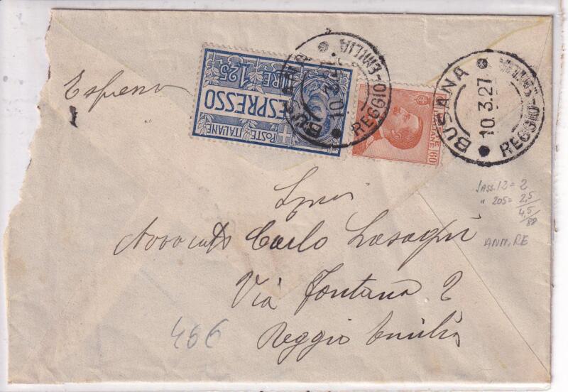 Storia postale. Espresso da Busana 10/03/1927 a Reggio Emilia 10/03/1927