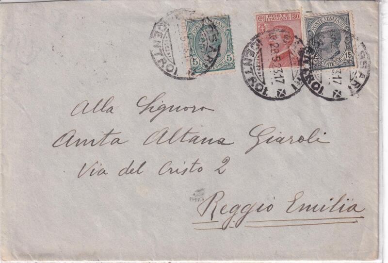 Storia postale. Lettera da Sassari 28/05/1923 a Reggio Emilia 31/05/1923