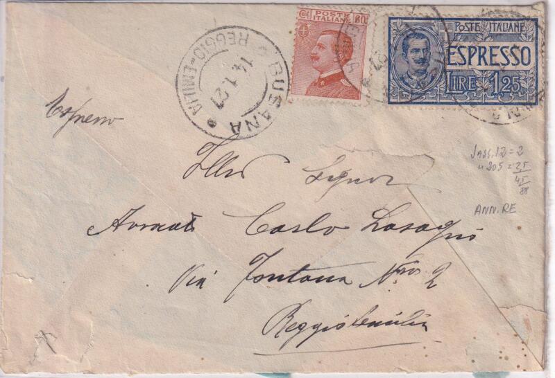 Storia postale. Espresso da Busana 14/01/1927 a Reggio Emilia 14/01/1927