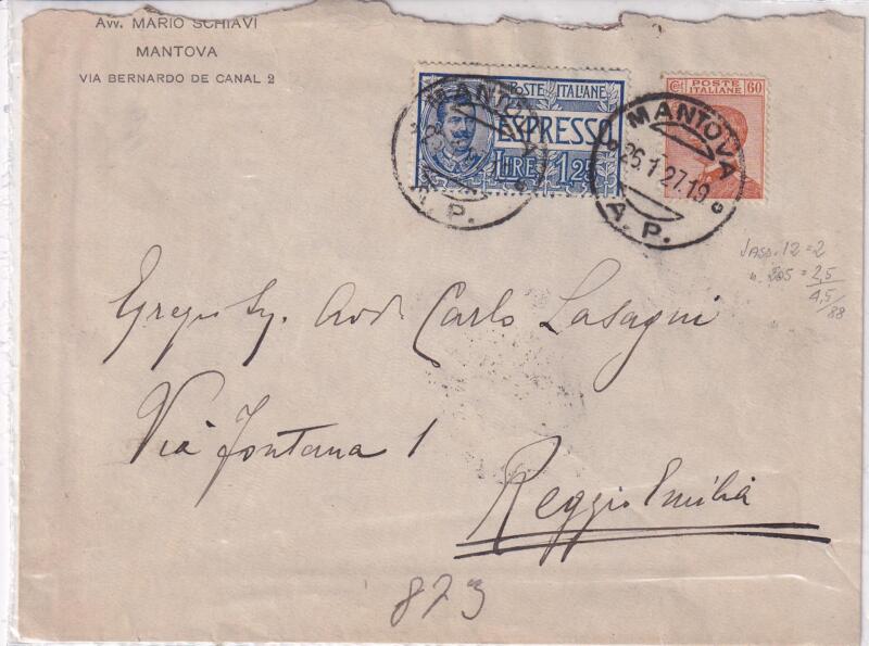 Storia postale. Espresso da Mantova 25/01/1927 a Reggio Emilia 27/01/1927
